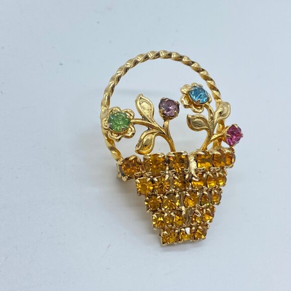 Vtg Gold Tone Rhinestone Floral Basket Brooch Pin Multicolor 1 Piece UV Reactive - Picture 5 of 10